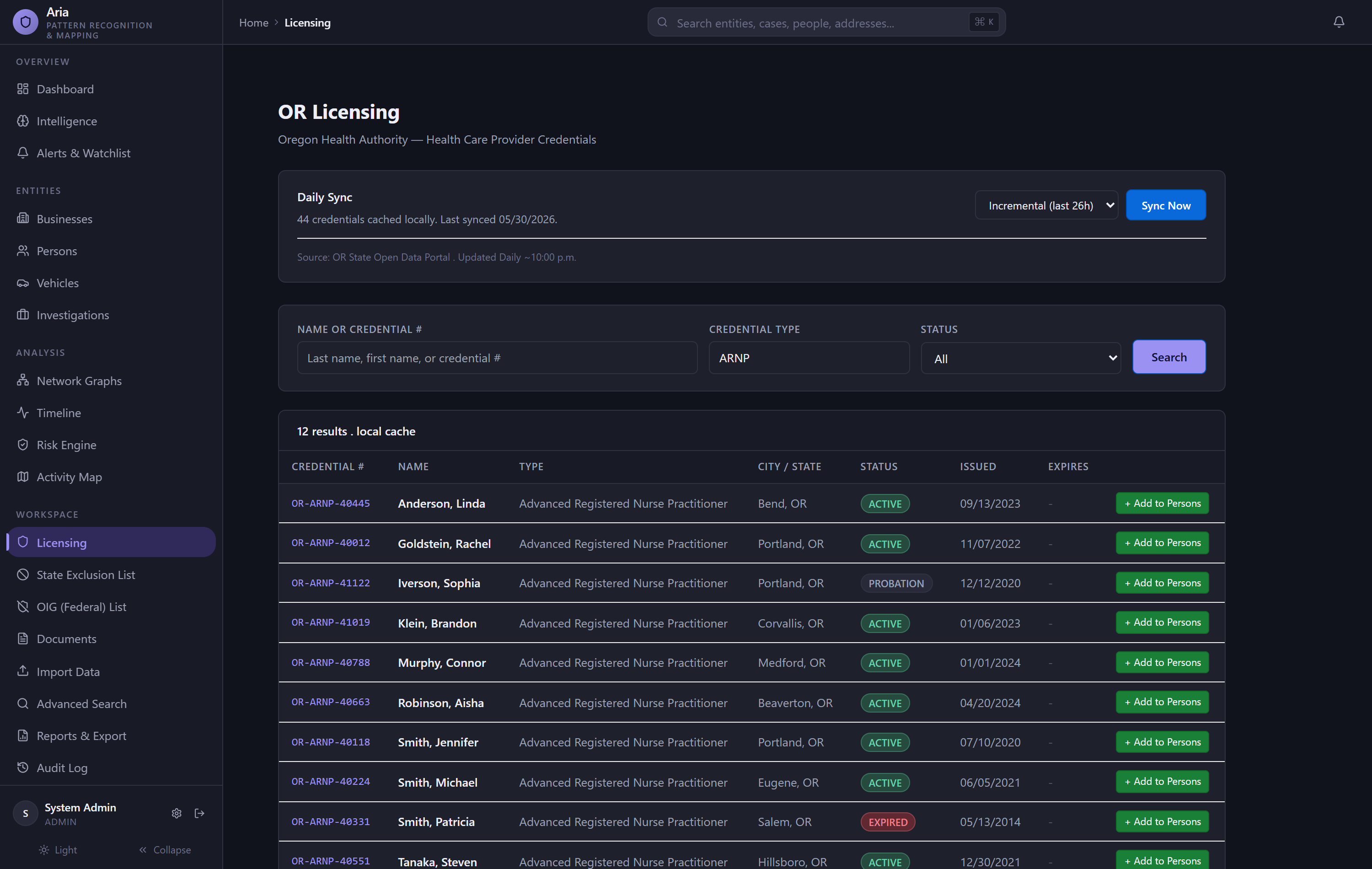 Ledger Trace licensing and credential search