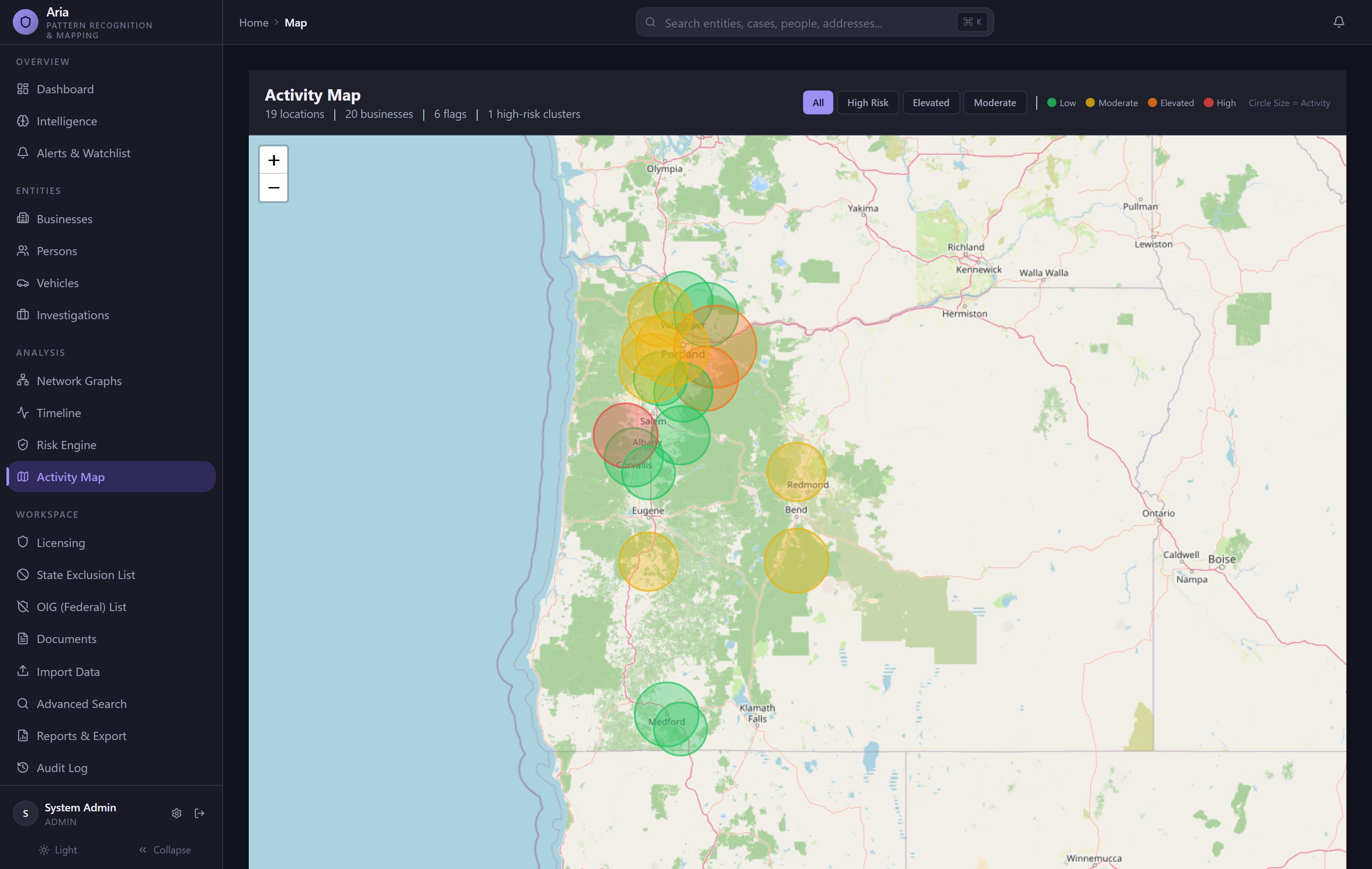 Ledger Trace activity map showing geographic risk clusters